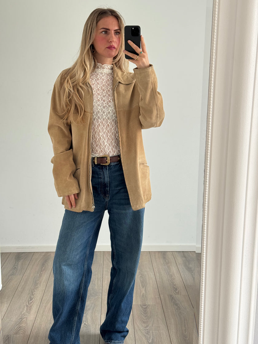 Light Beige Vintage Oversized Suede Jacket