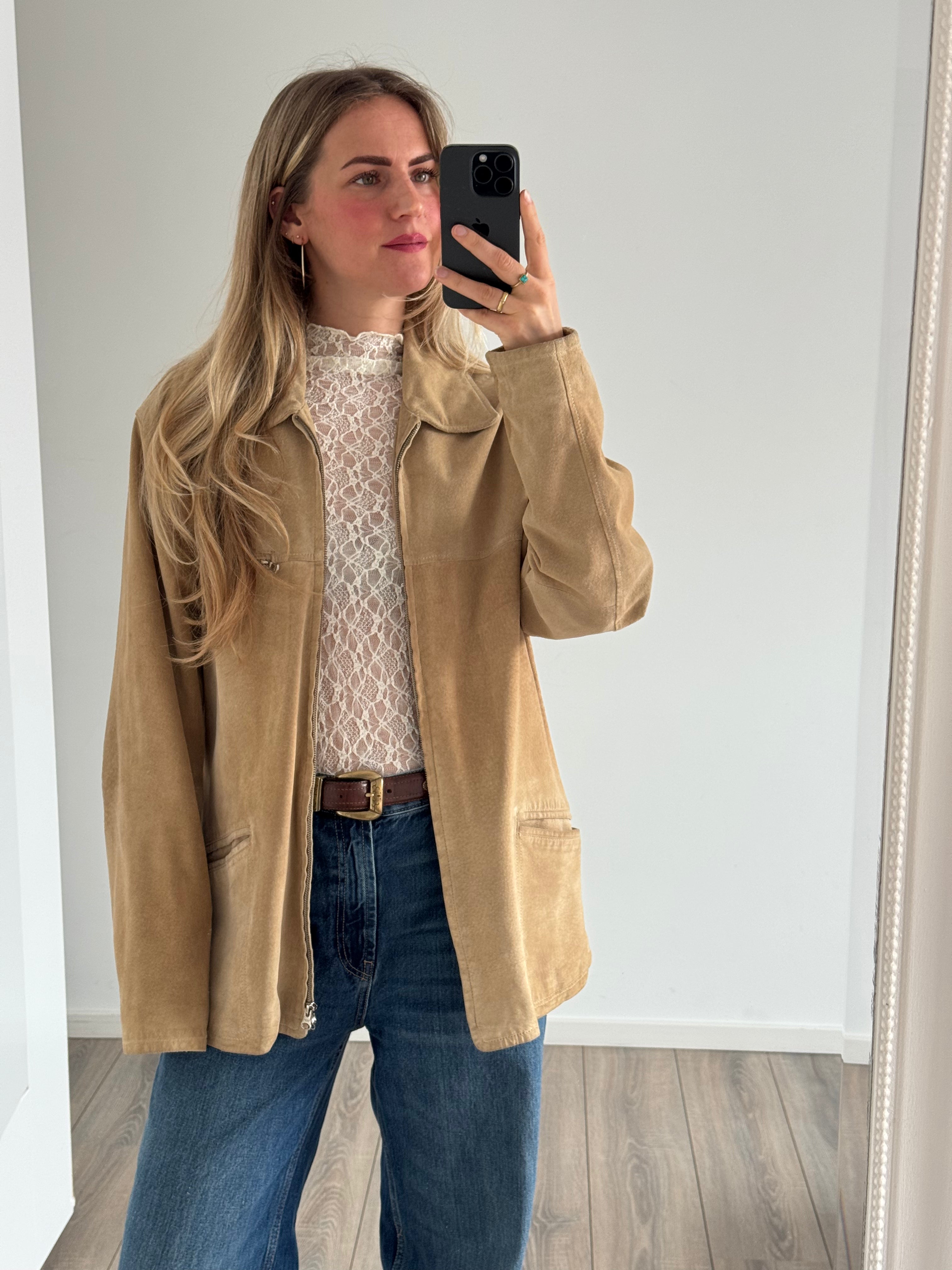 Light Beige Vintage Oversized Suede Jacket