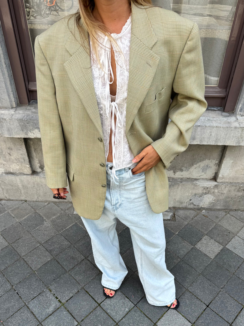 Light Grey Beige Checked Blazer