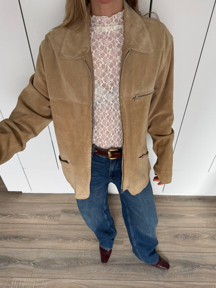 Light Beige Vintage Oversized Suede Jacket