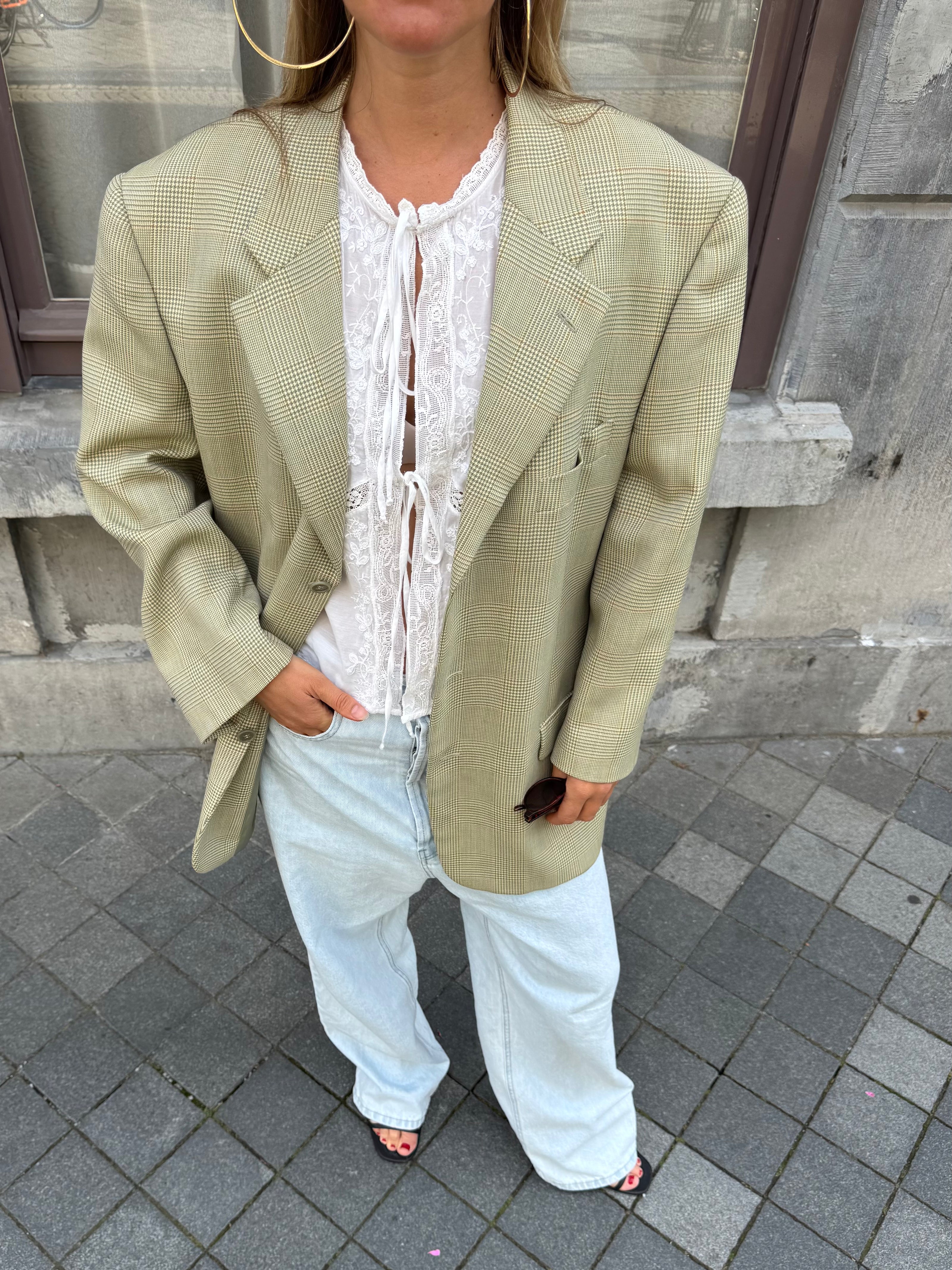 Light Grey Beige Checked Blazer