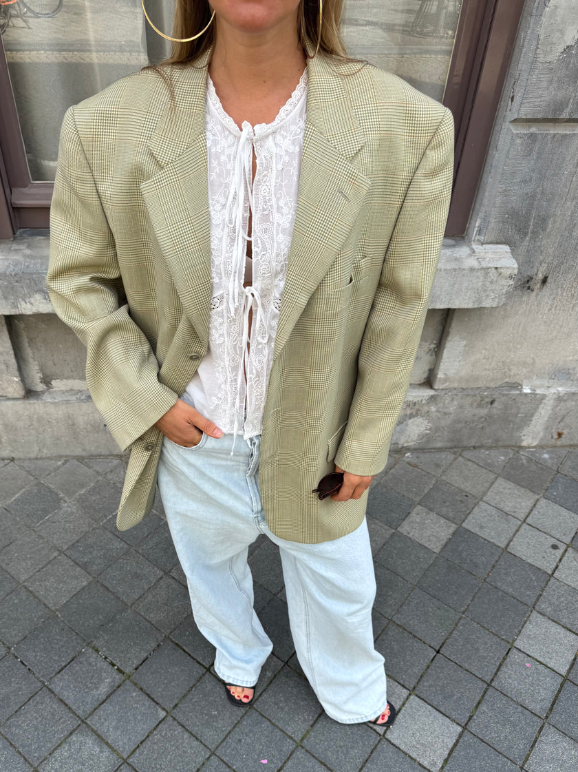 Light Grey Beige Checked Blazer