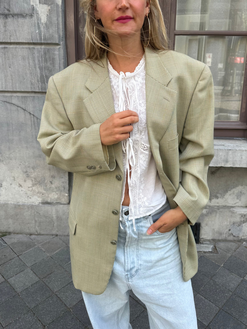 Light Grey Beige Checked Blazer