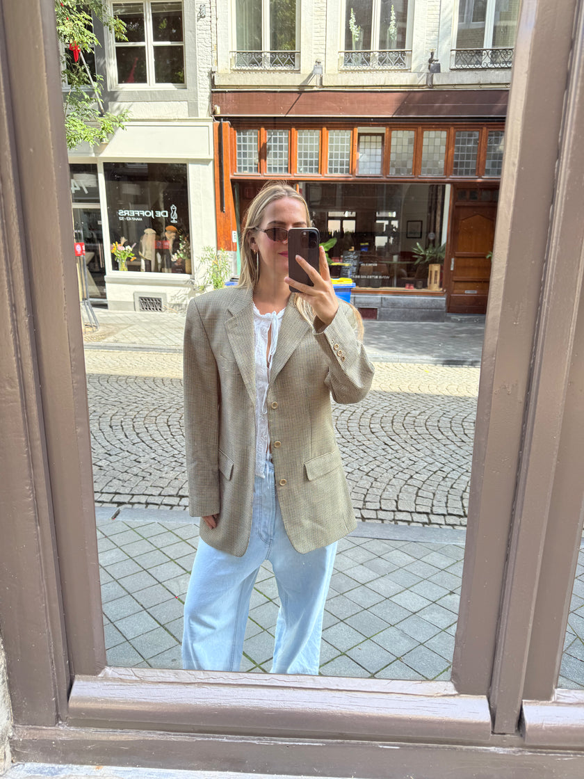 Grey Beige Checked Oversized Blazer