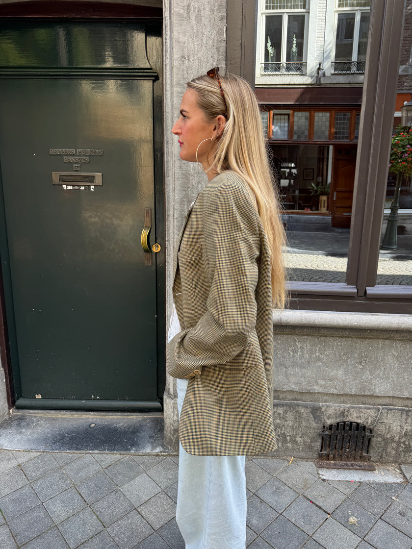 Grey Beige Checked Oversized Blazer