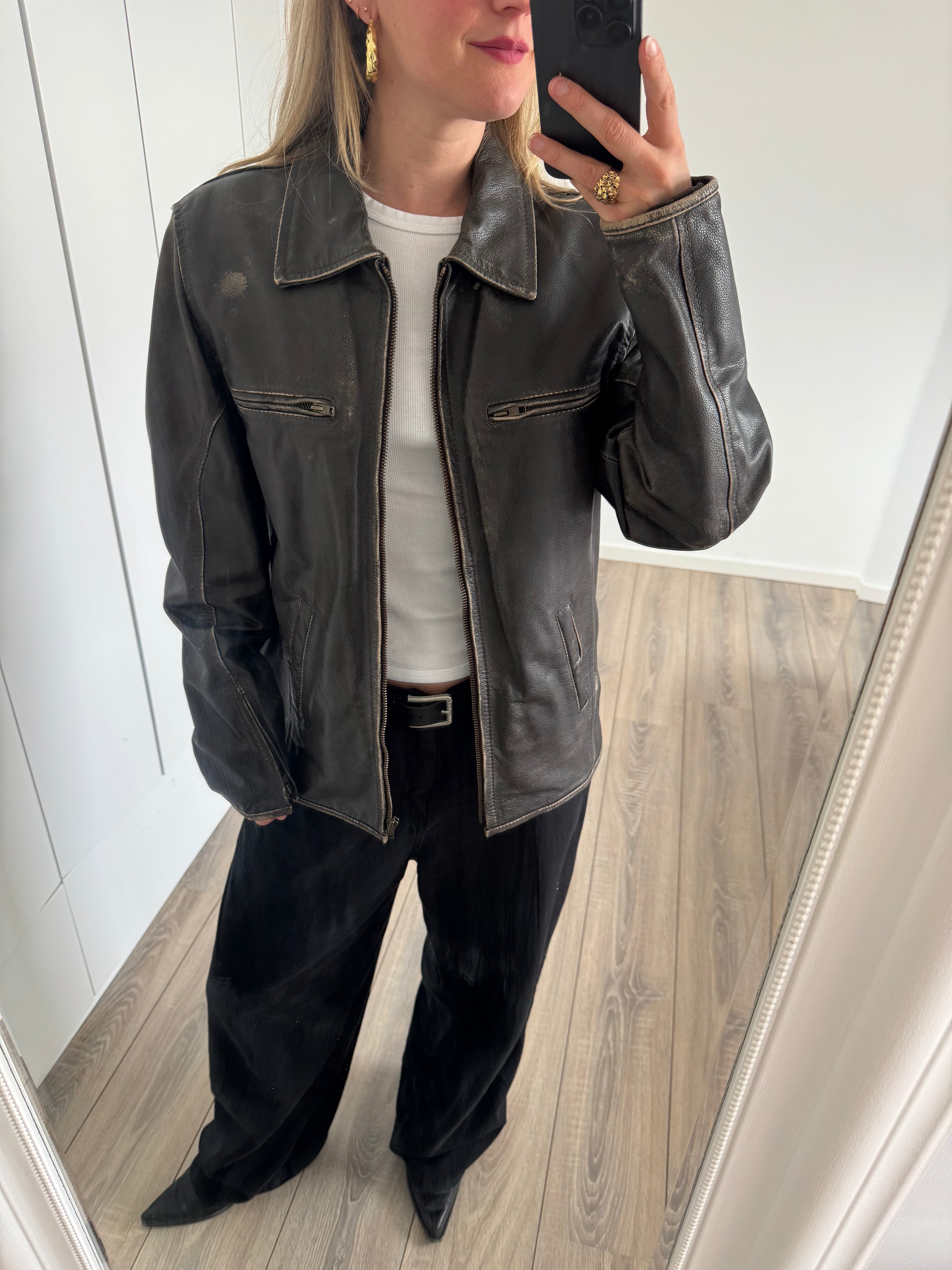 Brown Oversized Distressed Leather Jacket