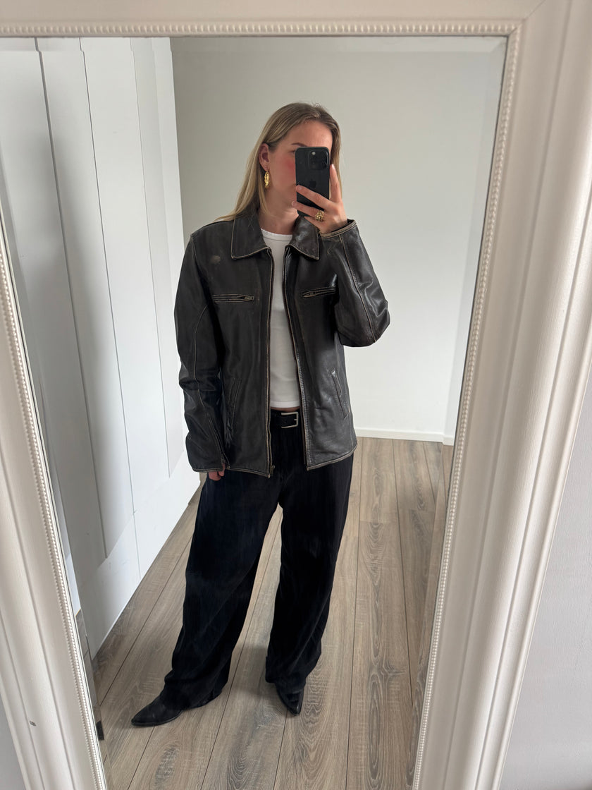 Brown Oversized Distressed Leather Jacket
