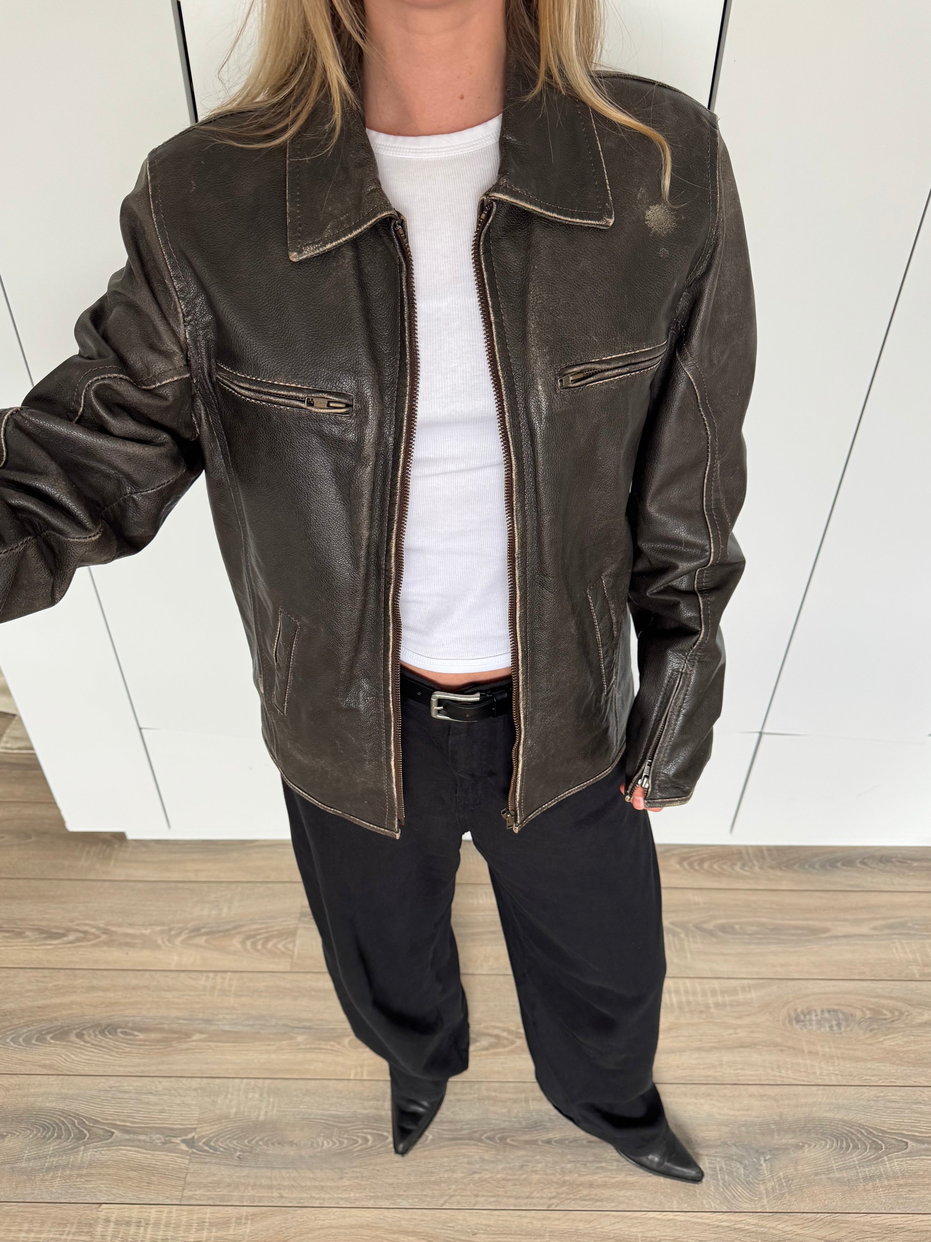 Brown Oversized Distressed Leather Jacket
