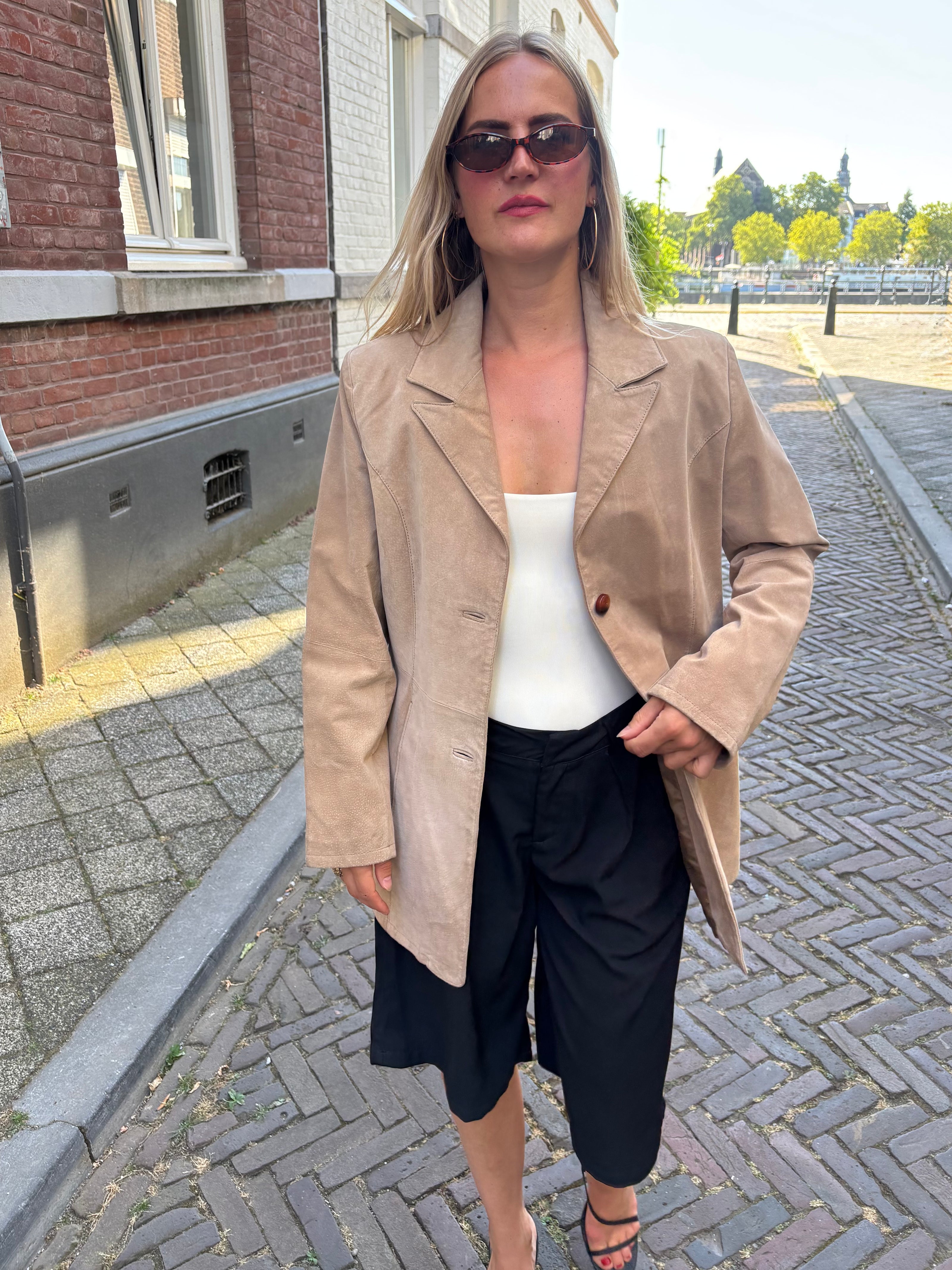 Oversized Light Beige Suede Vintage Blazer