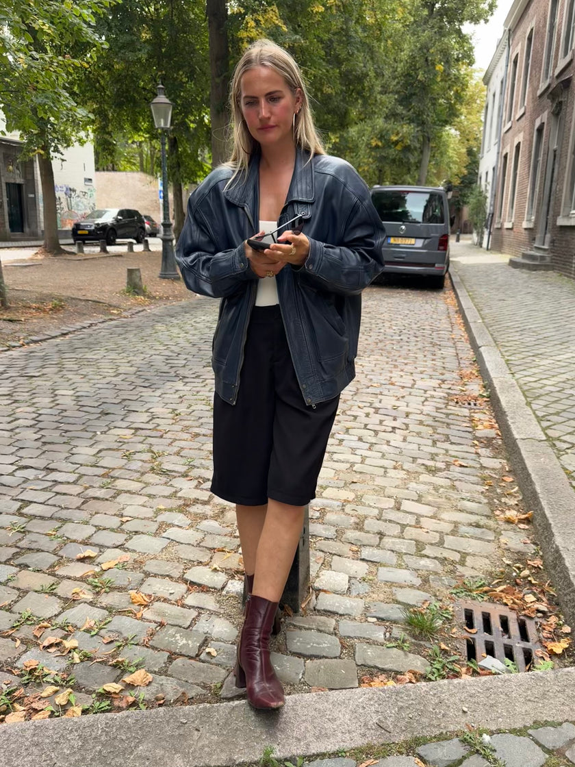 90s Dark Navy Leather Bomber Jacket