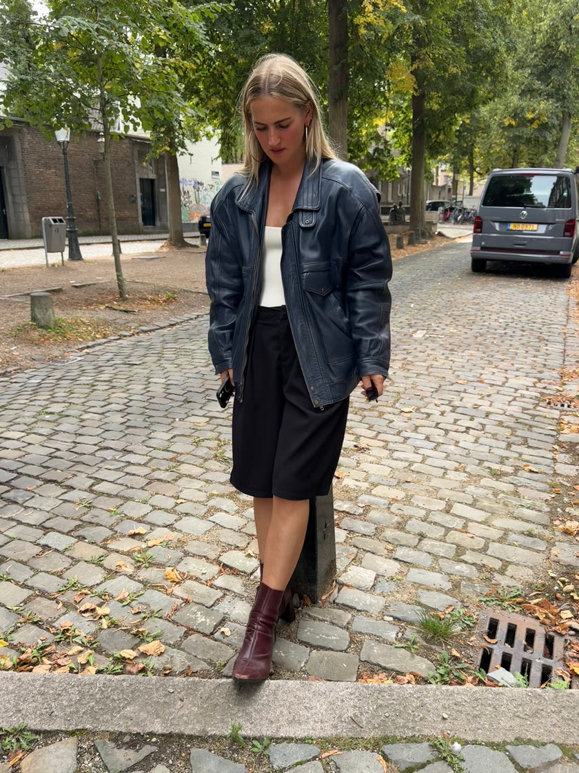 90s Dark Navy Leather Bomber Jacket