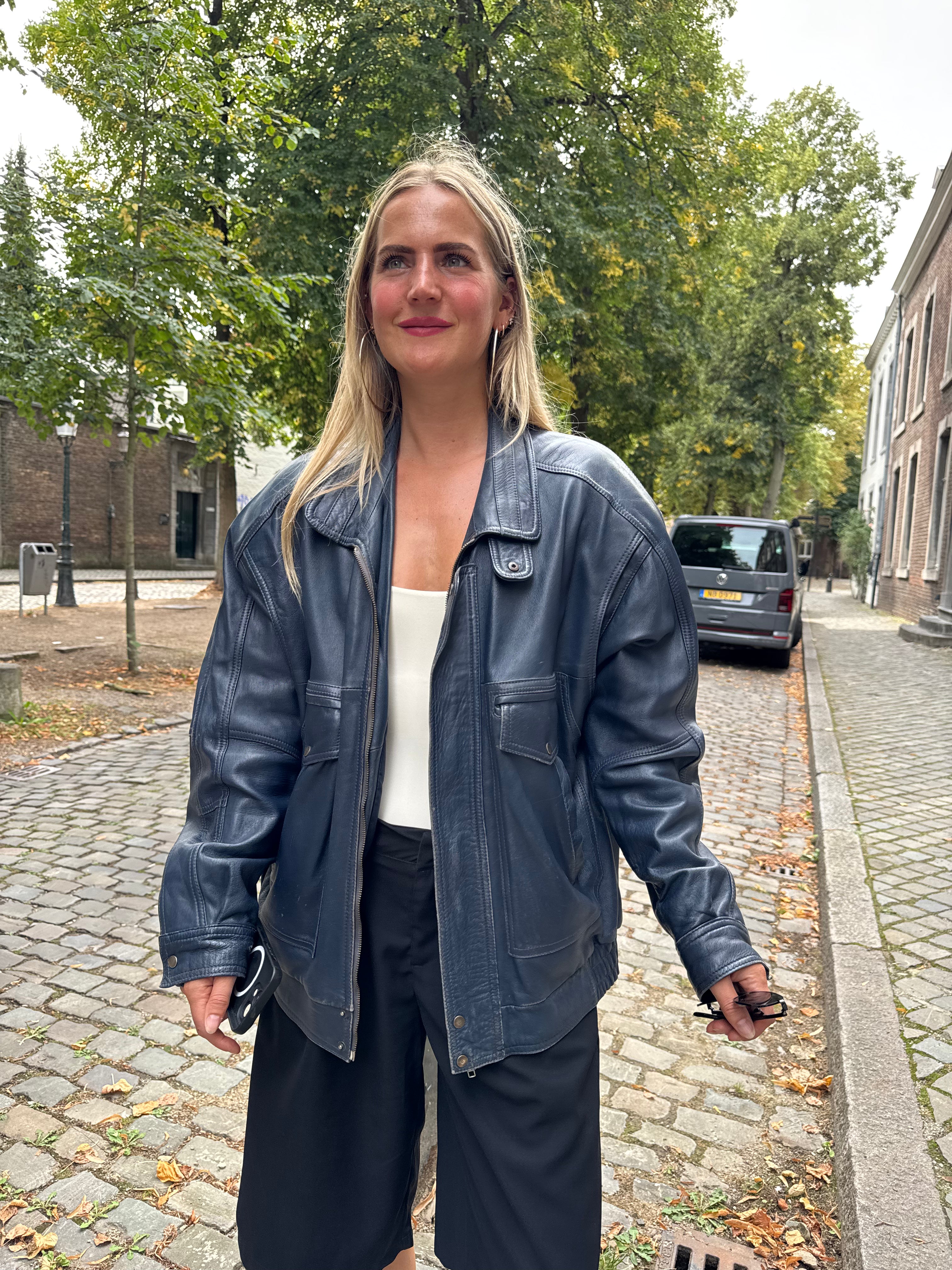 90s Dark Navy Leather Bomber Jacket