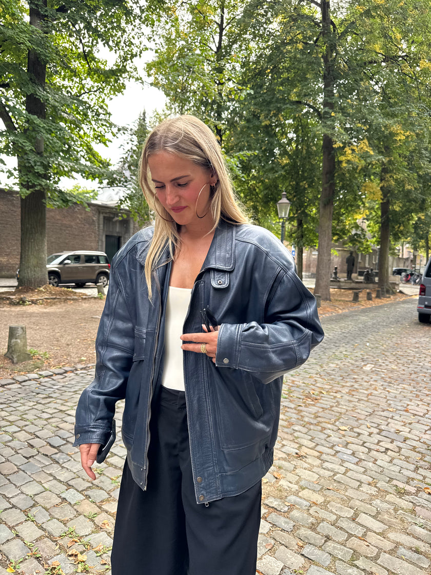 90s Dark Navy Leather Bomber Jacket