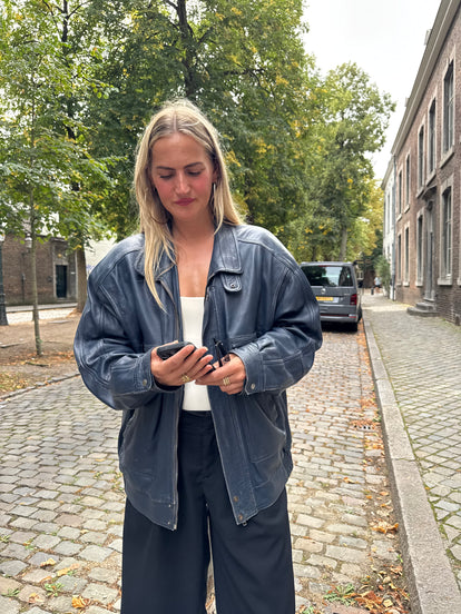 90s Dark Navy Leather Bomber Jacket