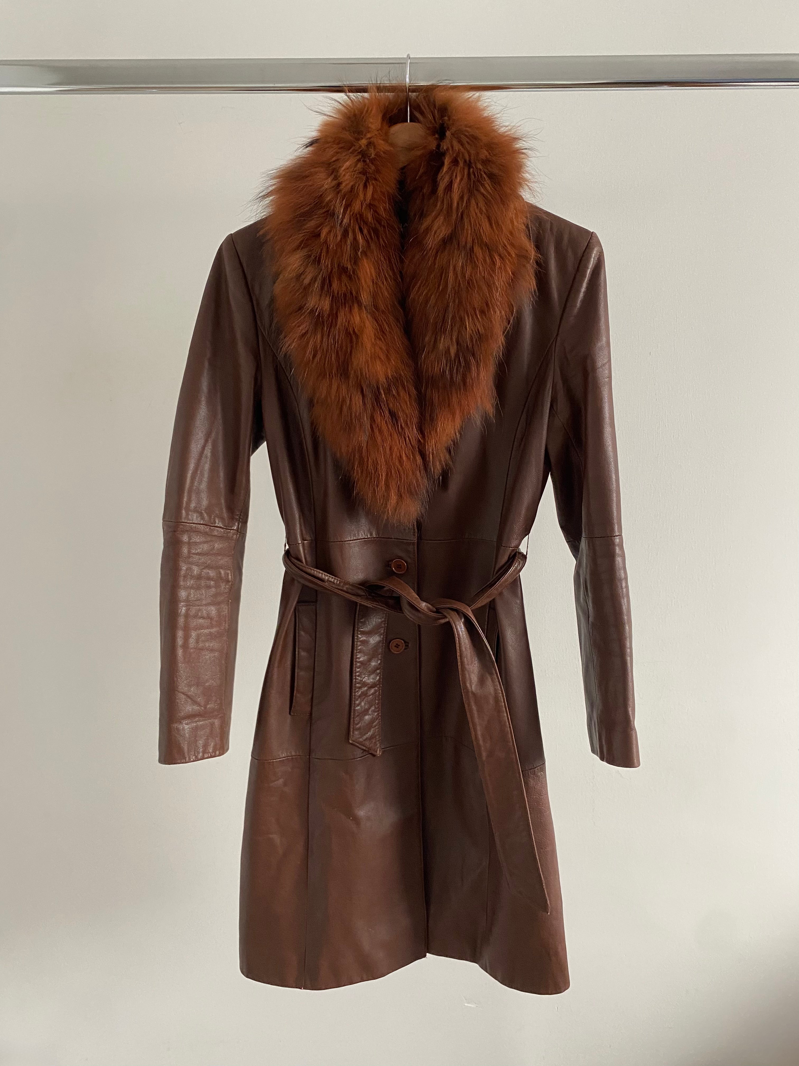 Red/Brown Leather Trench Coat with Fur - Penny Lane Vibes