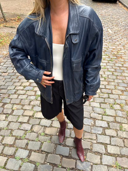 90s Dark Navy Leather Bomber Jacket