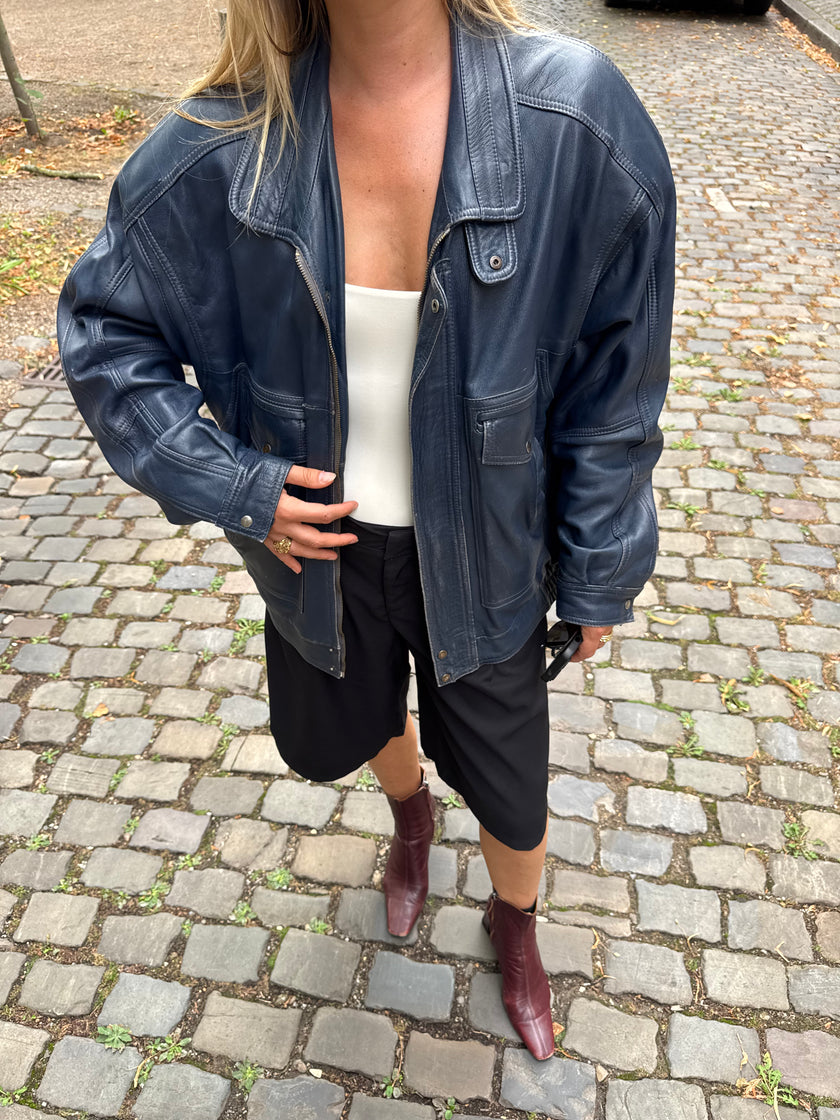 90s Dark Navy Leather Bomber Jacket