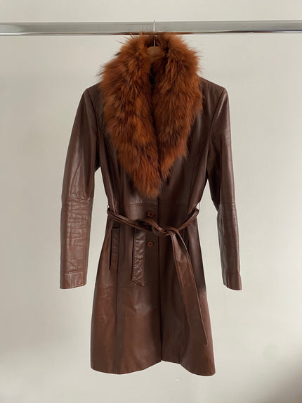 Red/Brown Leather Trench Coat with Fur - Penny Lane Vibes