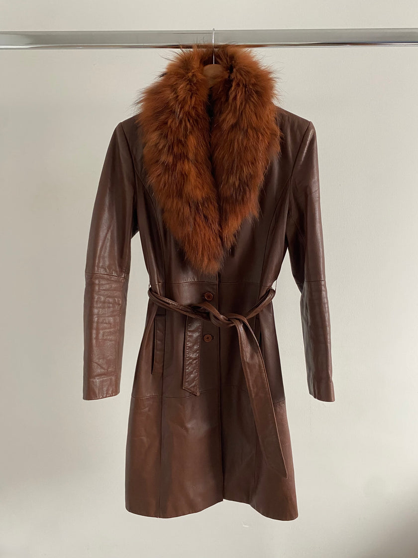 Red/Brown Leather Trench Coat with Fur - Penny Lane Vibes