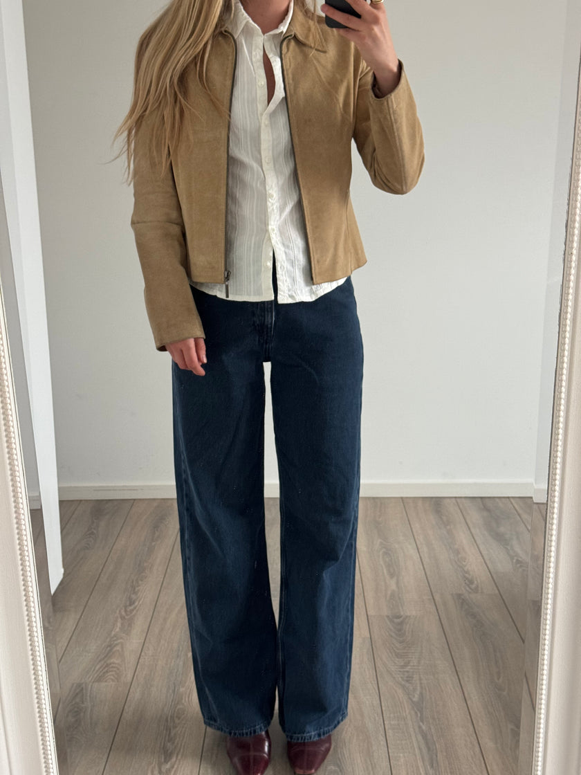 Fitted Short Beige Suede Vintage Jacket