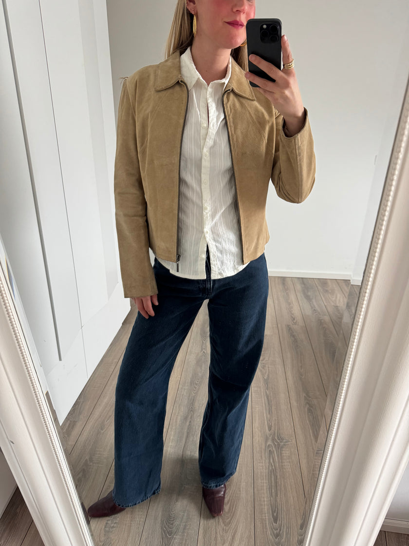 Fitted Short Beige Suede Vintage Jacket