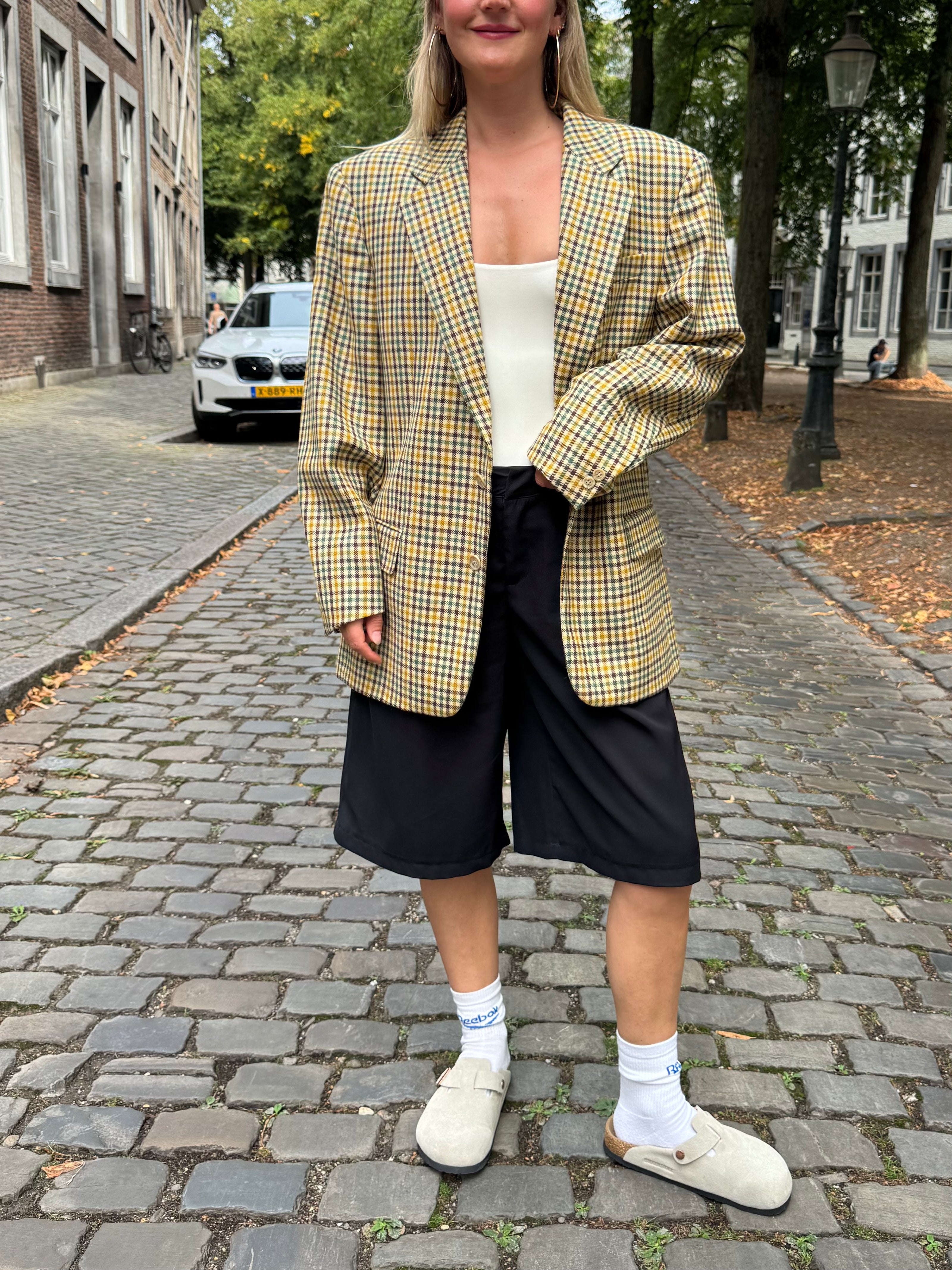 Beige Checked Oversized Blazer