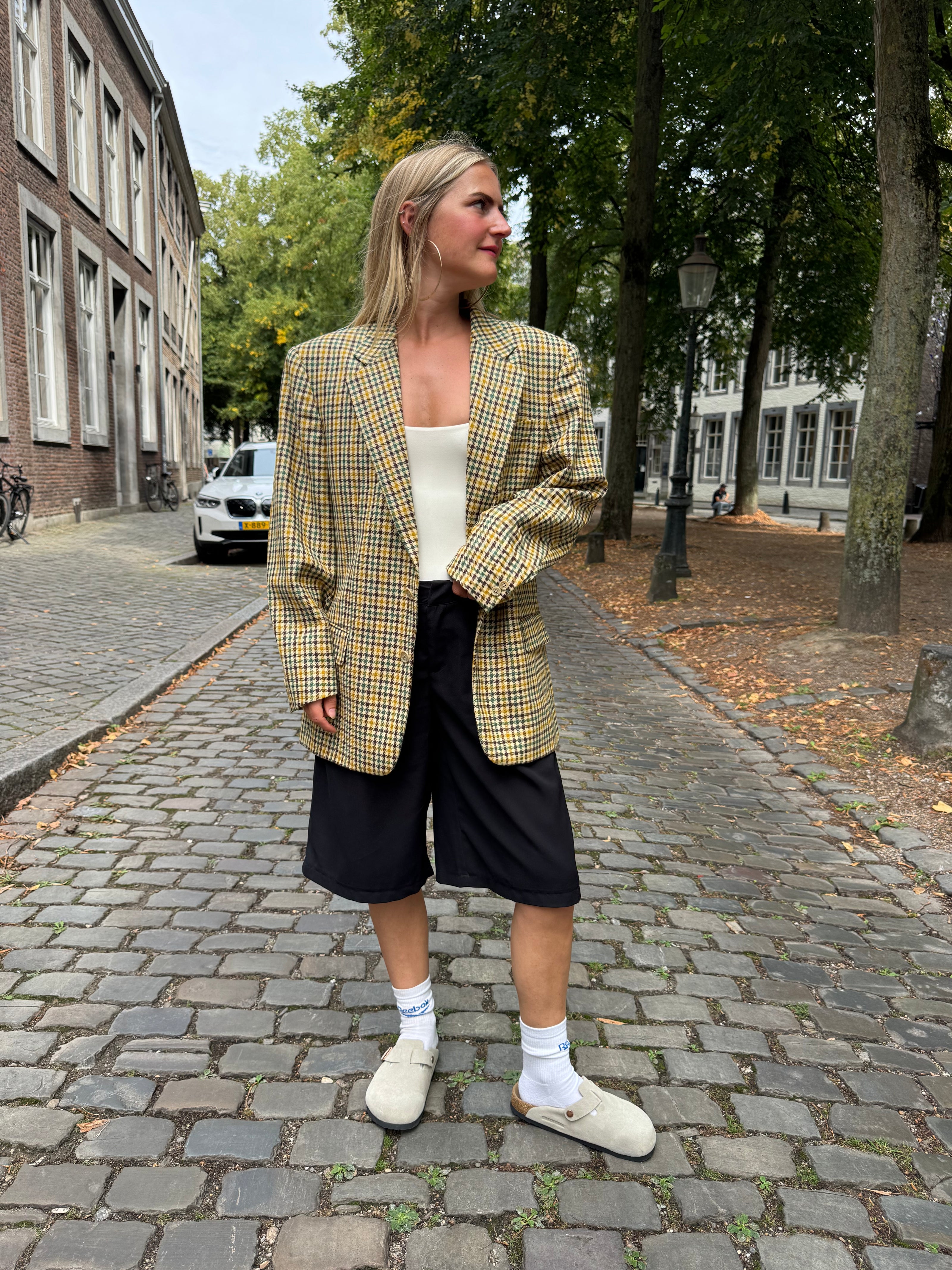 Beige Checked Oversized Blazer