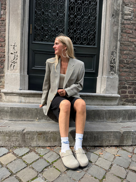 Grey Beige Checked Oversized Blazer