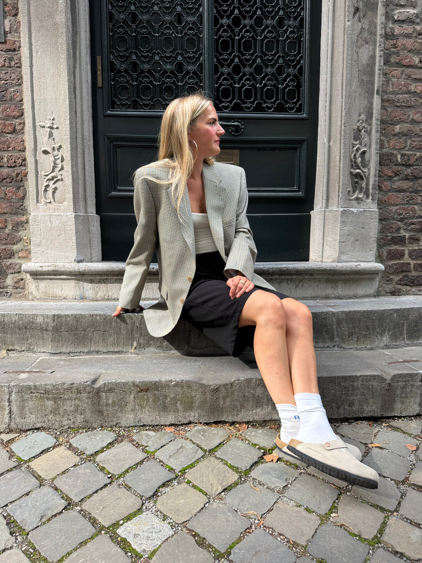 Grey Beige Checked Oversized Blazer