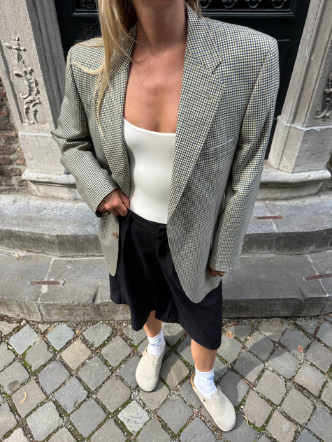 Grey Beige Checked Oversized Blazer