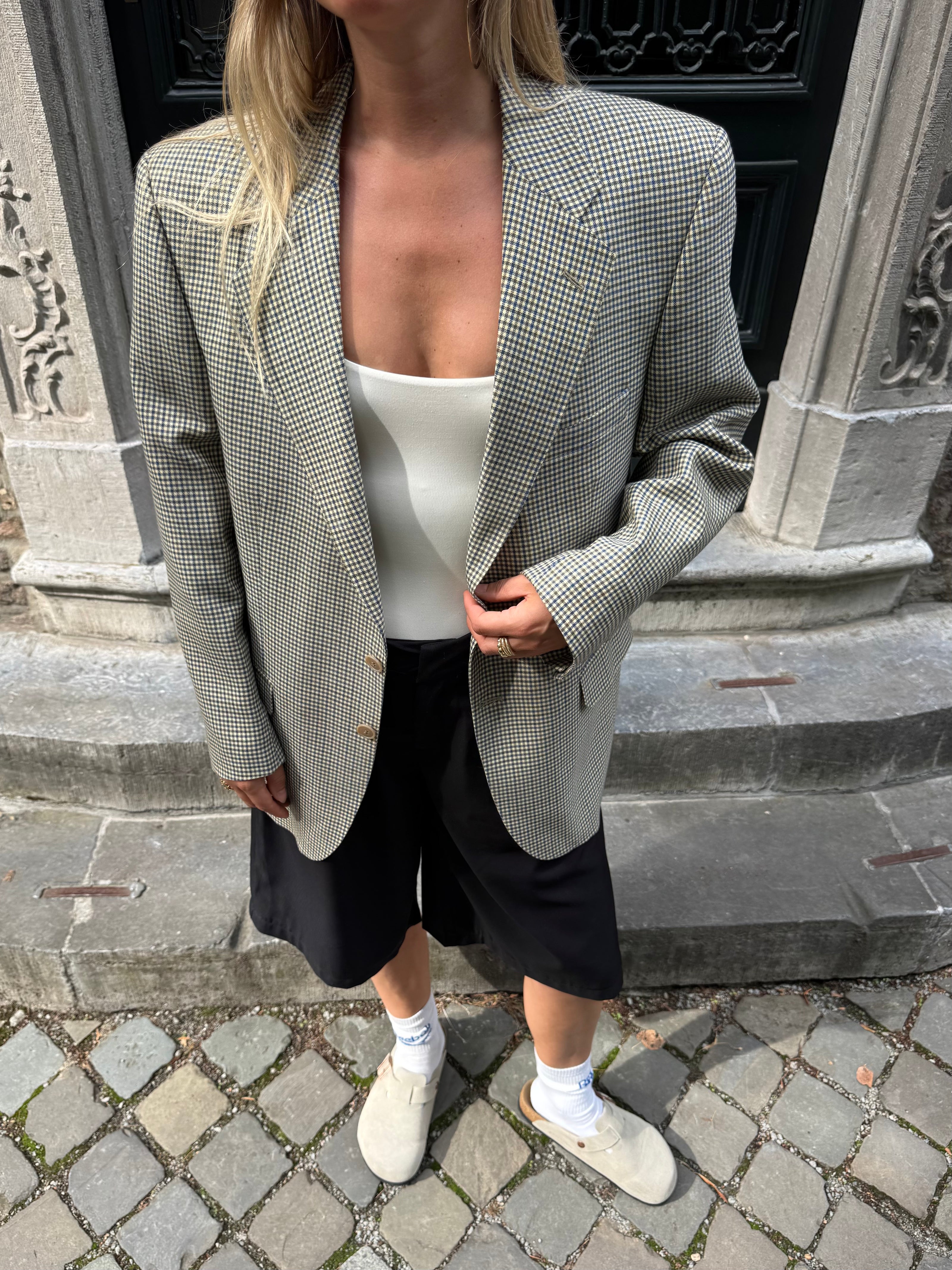Grey Beige Checked Oversized Blazer