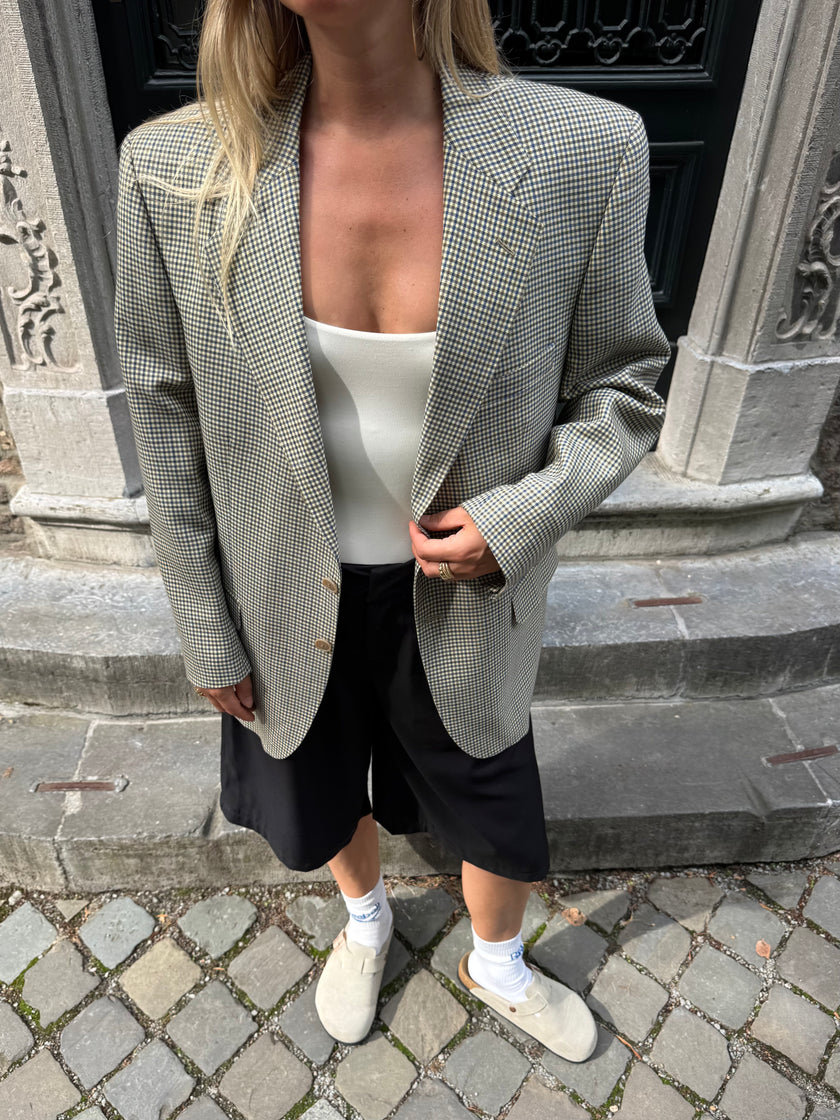 Grey Beige Checked Oversized Blazer