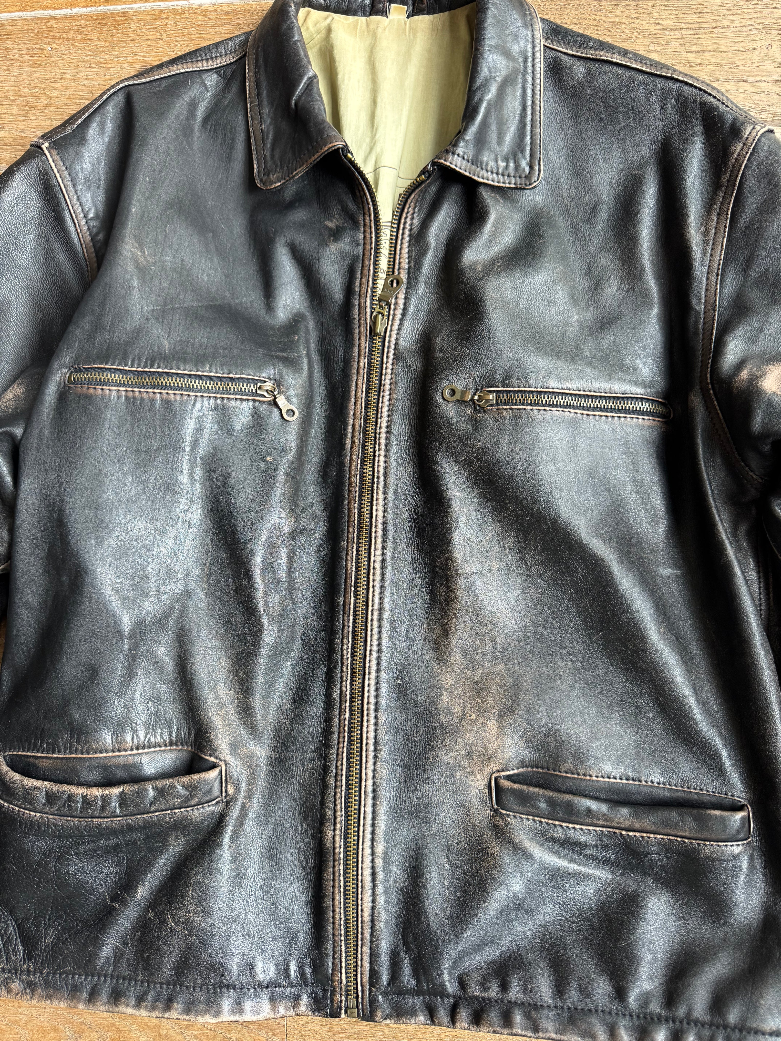Dark Brown / Black Distressed Worn Oversized Leather Jacket