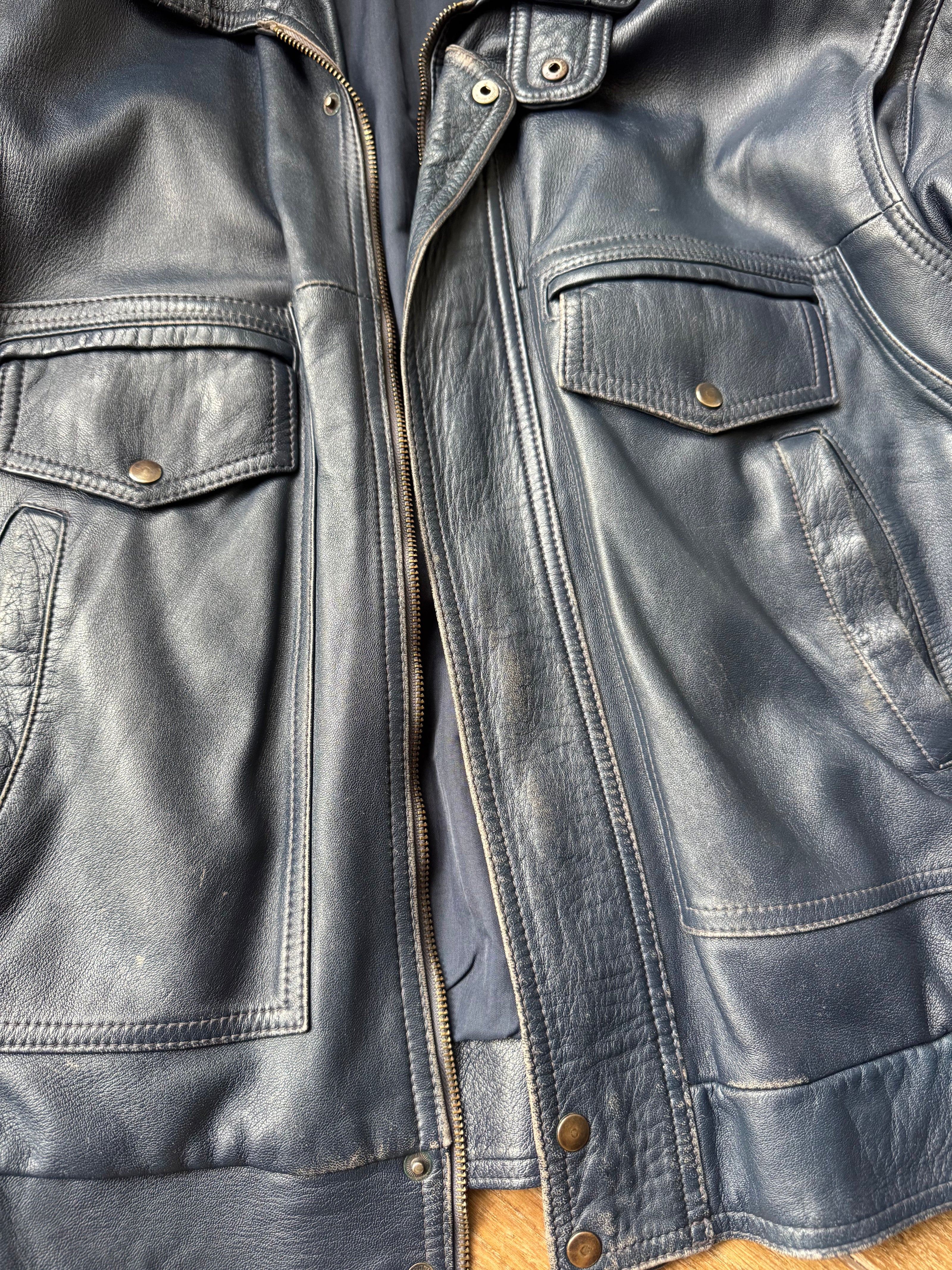 90s Dark Navy Leather Bomber Jacket