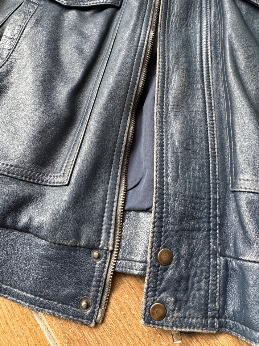 90s Dark Navy Leather Bomber Jacket