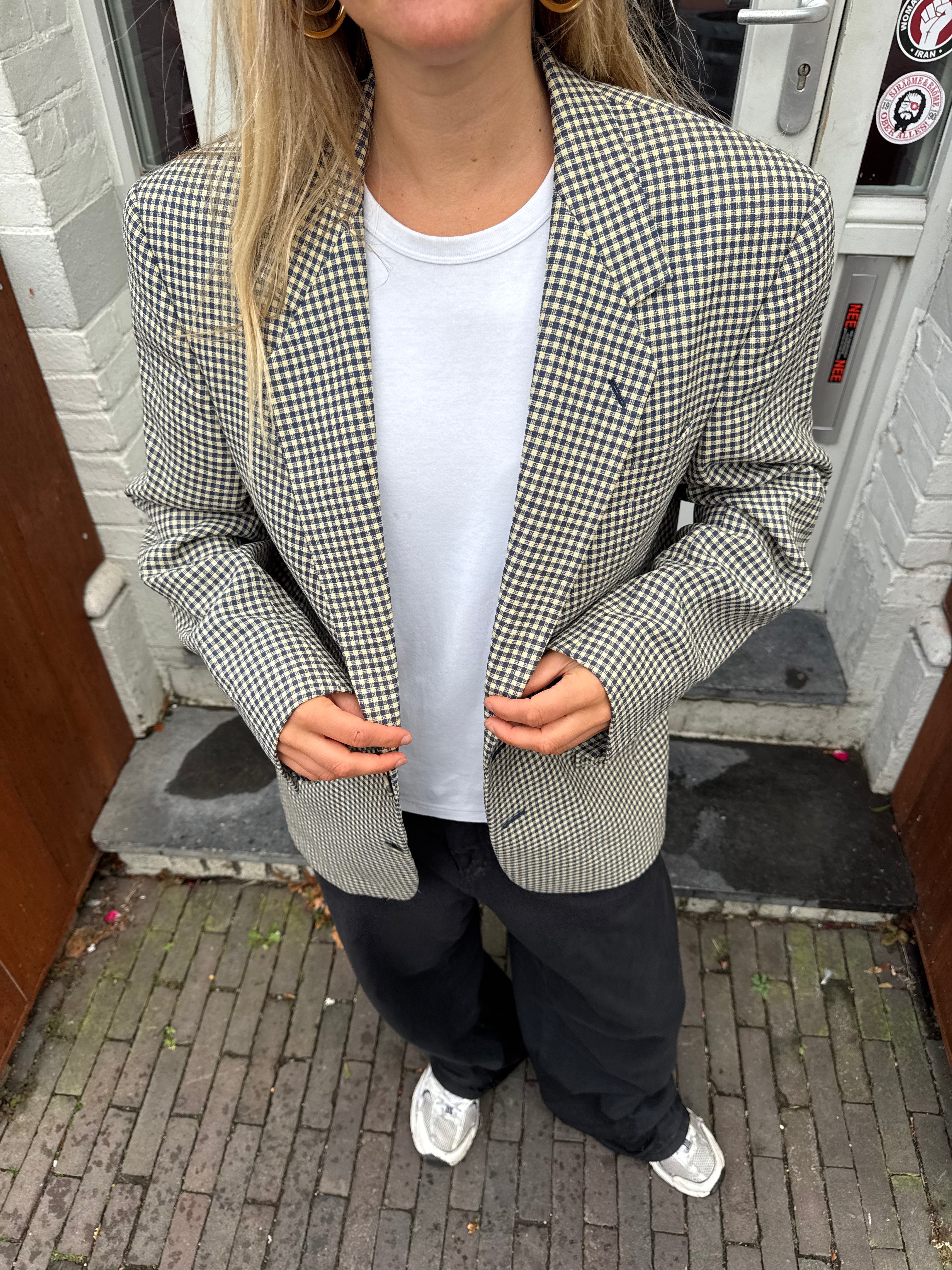 Brown & Crème Checked Oversized Blazer