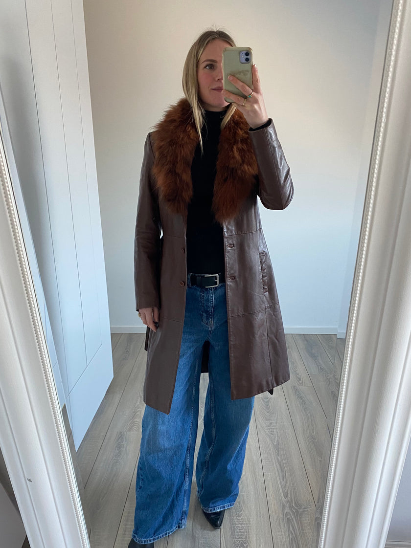 Red/Brown Leather Trench Coat with Fur - Penny Lane Vibes