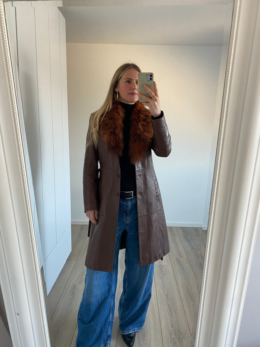 Red/Brown Leather Trench Coat with Fur - Penny Lane Vibes