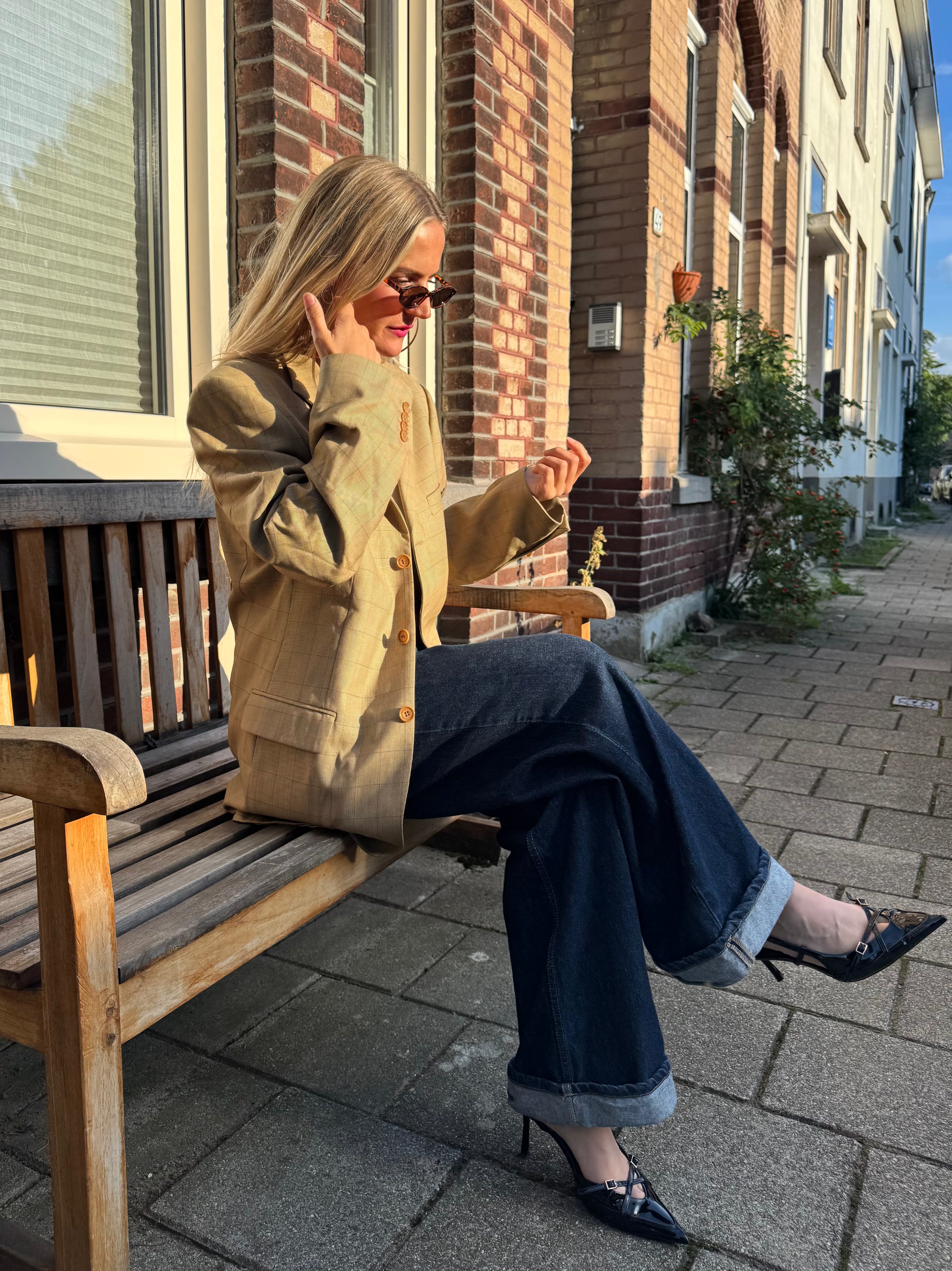 Oversized Light Beige Checked Vintage Blazer