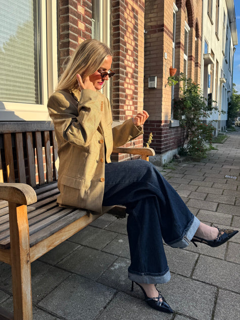 Oversized Light Beige Checked Vintage Blazer