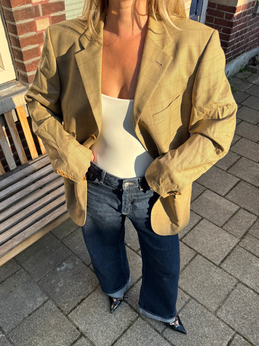 Oversized Light Beige Checked Vintage Blazer