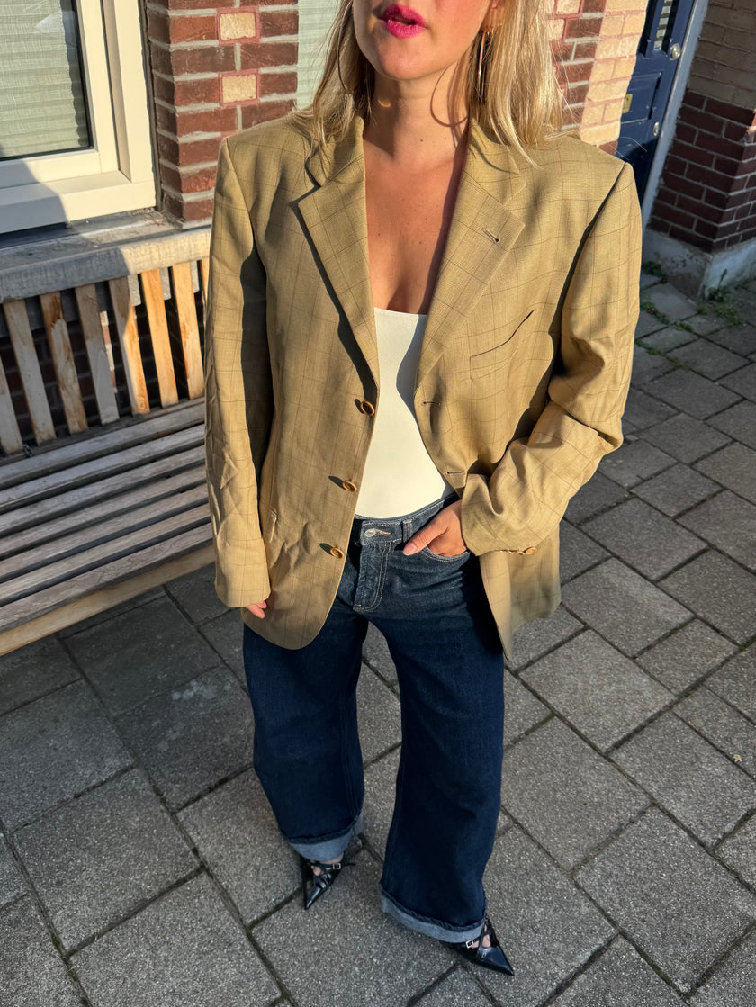 Oversized Light Beige Checked Vintage Blazer
