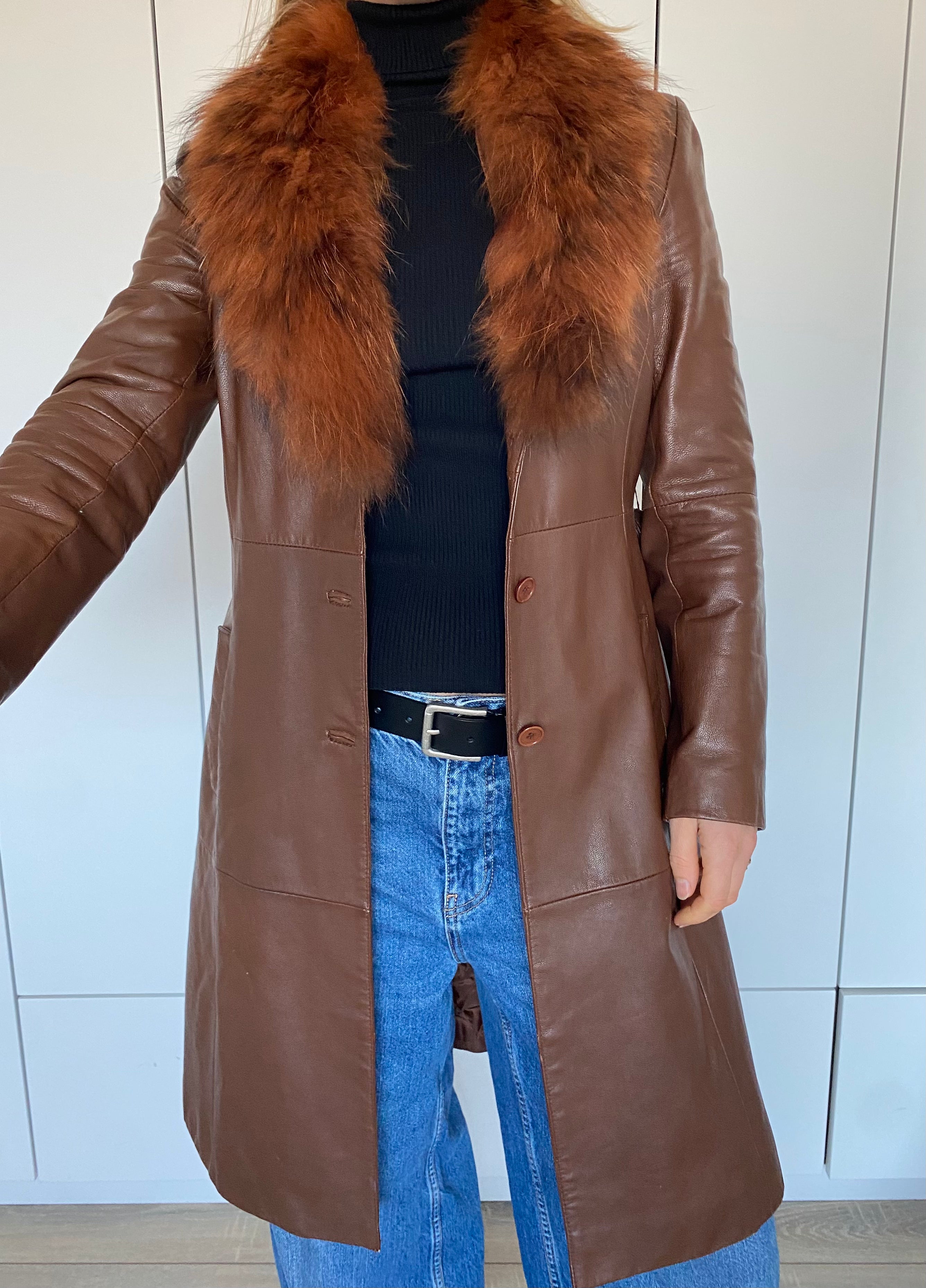 Red/Brown Leather Trench Coat with Fur - Penny Lane Vibes