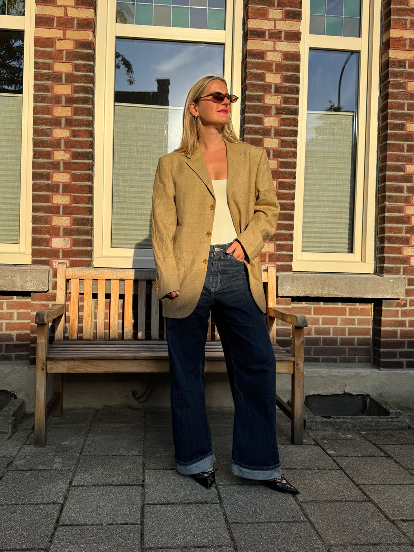Oversized Light Beige Checked Vintage Blazer