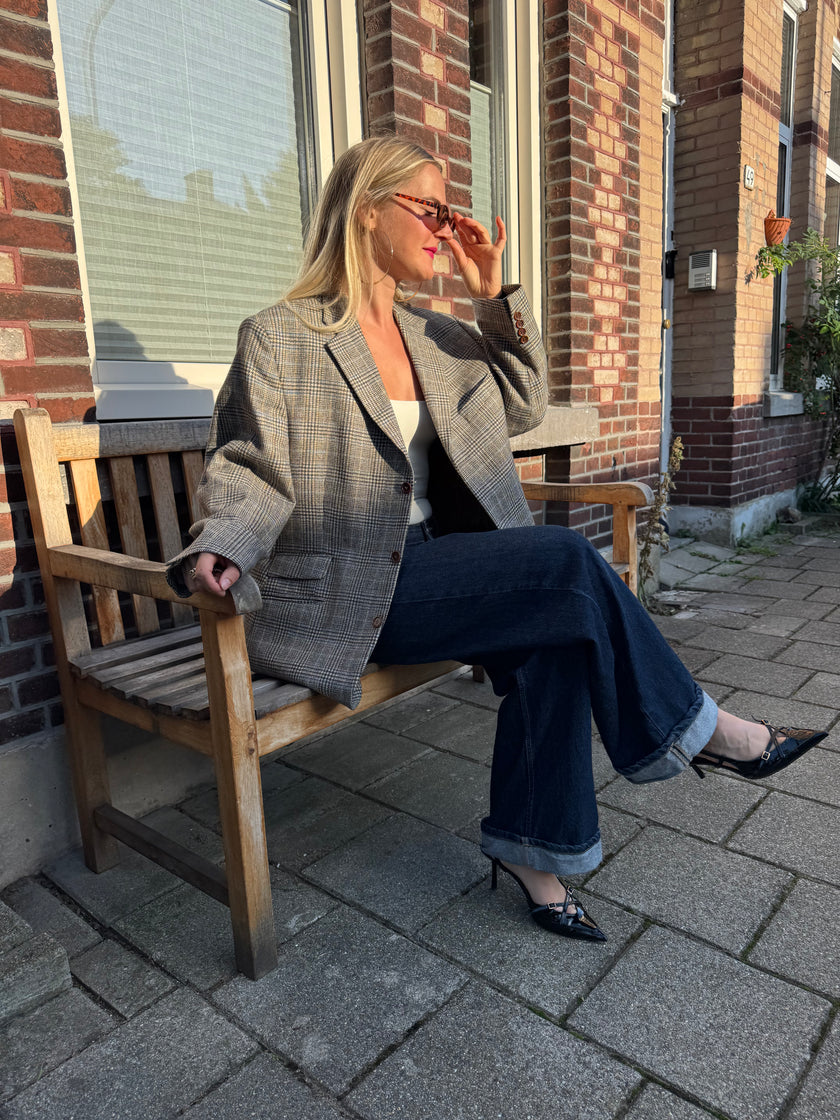 Grey Brown Oversized Checked Blazer