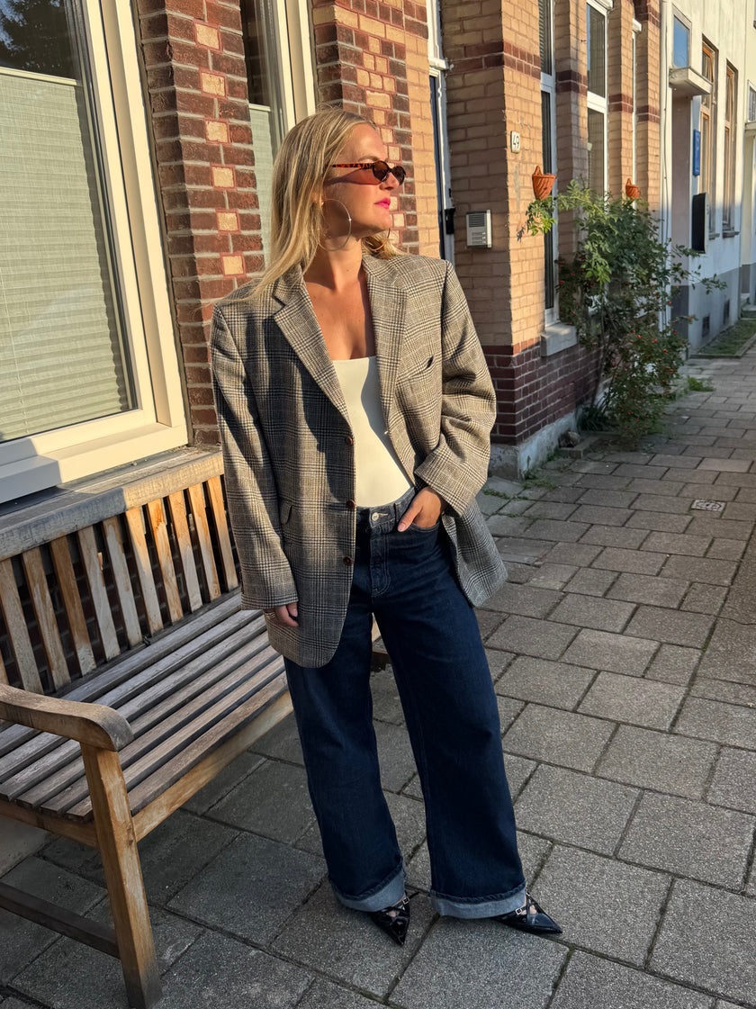 Grey Brown Oversized Checked Blazer