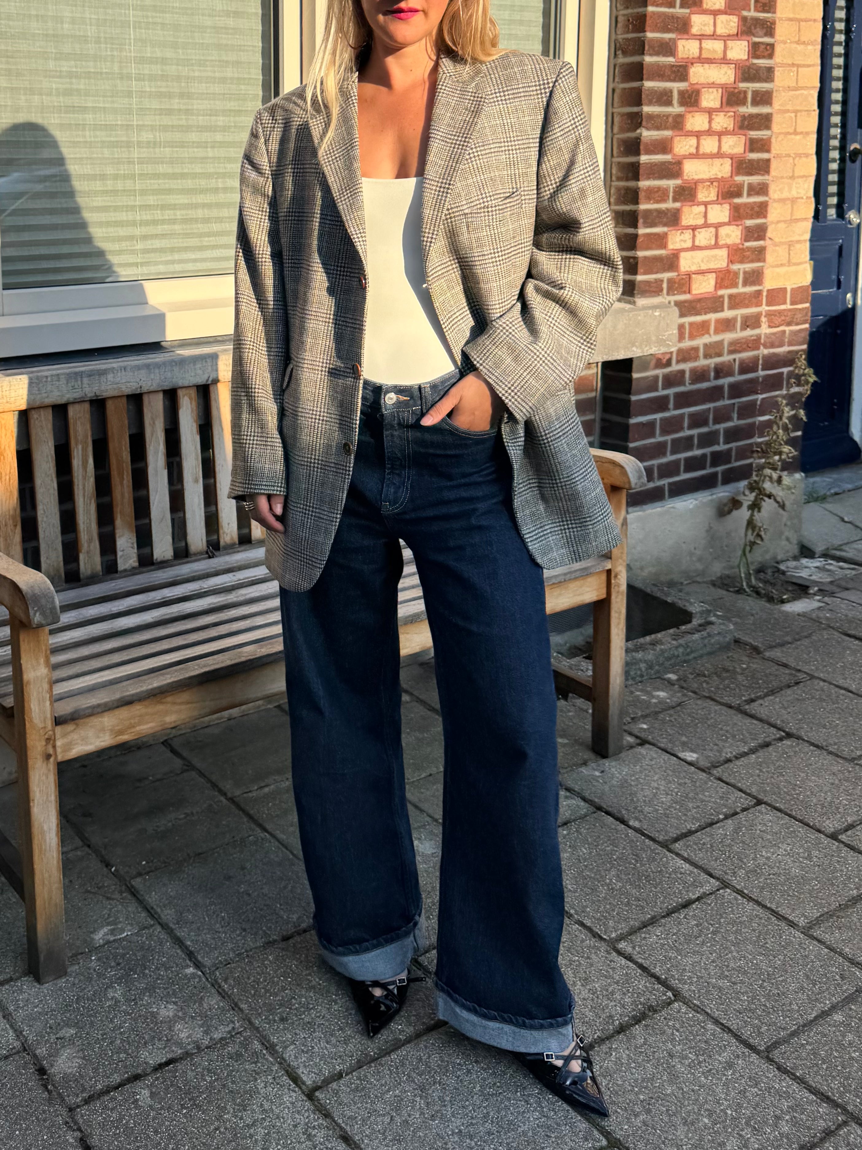 Grey Brown Oversized Checked Blazer