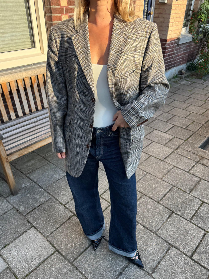 Grey Brown Oversized Checked Blazer