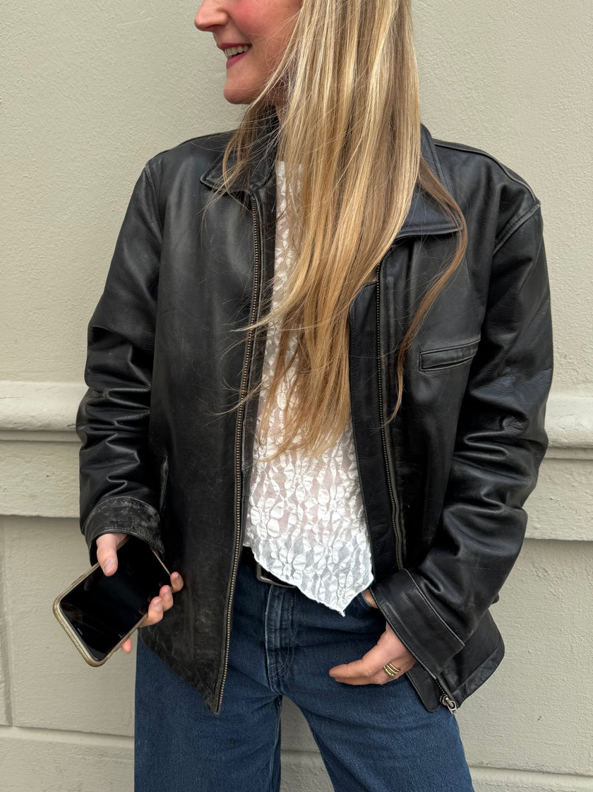 Black Leather Oversized Vintage Bomber