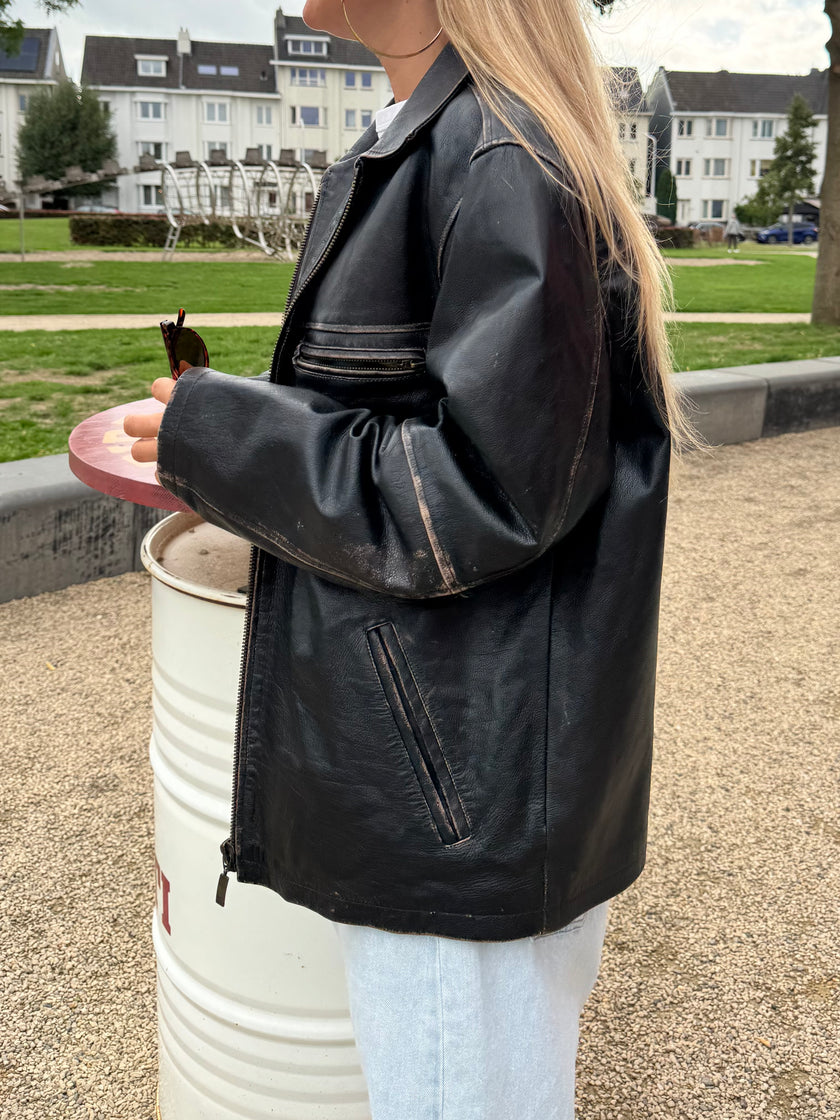 Oversized Distressed Leather Jacket